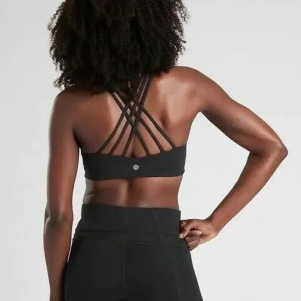 Athleta Hyper Focused black high‎ neck strappy sports bra M